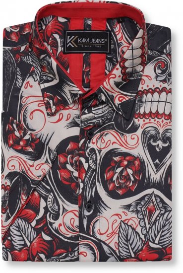 Kam Jeans 6062 Skull And Roses Print Short Sleeve Shirt Black - Košele - Košele 2XL-10XL