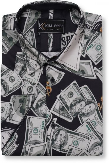 Kam Jeans 6064 Dollar Bills Print Short Sleeve Shirt Black - Košele - Košele 2XL-10XL