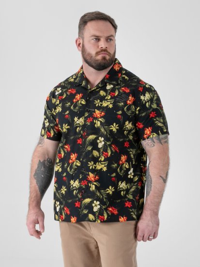 D555 Gordon Hawaiian AOP Cuvan Collar Resort Short Sleeve Black - Košele - Košele 2XL-10XL
