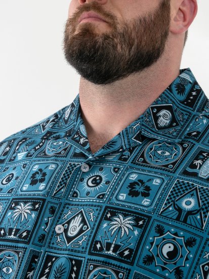 D555 Hawkins Printed Cuban Collar Resort Short Sleeve Shirt Teal - Košele - Košele 2XL-10XL