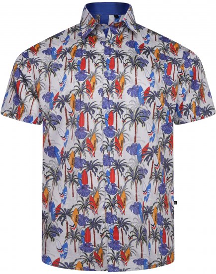 Kam Jeans 6060 Palm Tree and Surf Boards Short Sleeve Shirt White - Košele - Košele 2XL-10XL