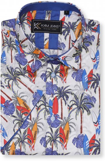 Kam Jeans 6060 Palm Tree and Surf Boards Short Sleeve Shirt White - Košele - Košele 2XL-10XL