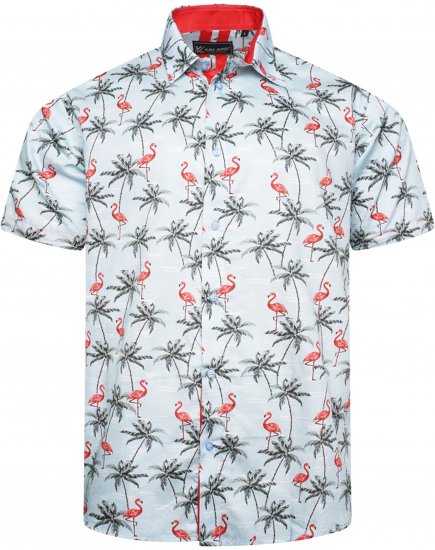 Kam Jeans 6067 Flamingo and Palm Tree Short Sleeve Shirt Blue - Košele - Košele 2XL-10XL