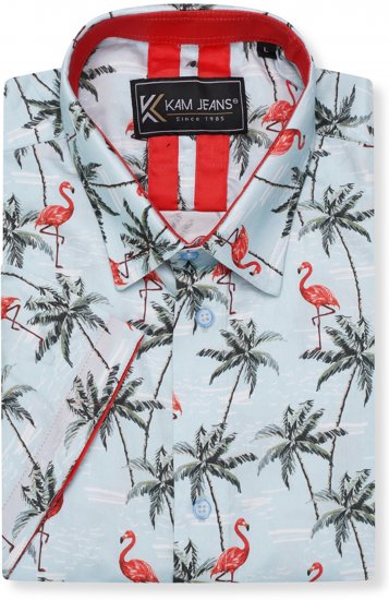Kam Jeans 6067 Flamingo and Palm Tree Short Sleeve Shirt Blue - Košele - Košele 2XL-10XL