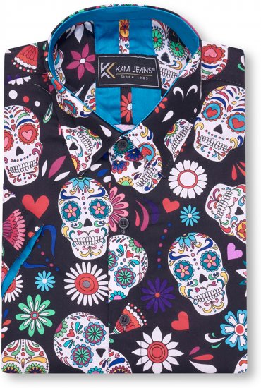 Kam Jeans 6069 Skull Print Short Sleeve Black - Košele - Košele 2XL-10XL