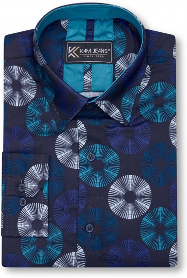 Kam Jeans 6071 Record Print Long Sleeve Shirt Navy - Košele - Košele 2XL-10XL