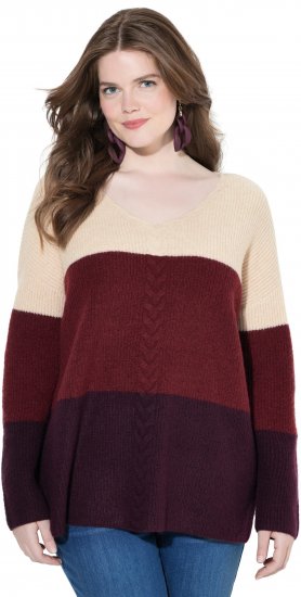 Ulla Popken Cable Knit Block Stripe V-Neck Sweater Dark Ruby - Mikiny & mikiny bez kapucne - 