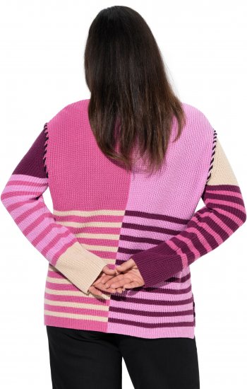 Ulla Popken Patchwork Striped Long Sleeve V-Neck Sweater Raspberry - Mikiny & mikiny bez kapucne - 