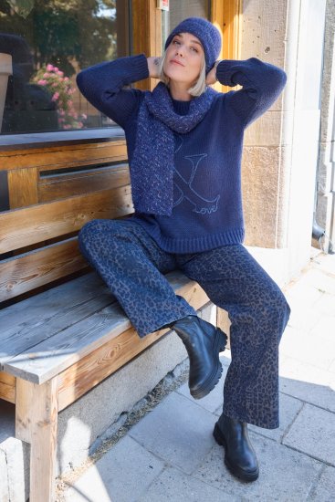 Ulla Popken Textured Glitter Embroidery Oversized Sweater Ink Blue - Mikiny & mikiny bez kapucne - 