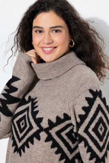 Ulla Popken Aztec Pattern Turtleneck Sweater Pebble Grey - Mikiny & mikiny bez kapucne - Pohodlné mikiny, hoodie a pletené svetre