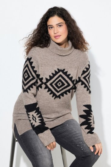 Ulla Popken Aztec Pattern Turtleneck Sweater Pebble Grey - Mikiny & mikiny bez kapucne - Pohodlné mikiny, hoodie a pletené svetre