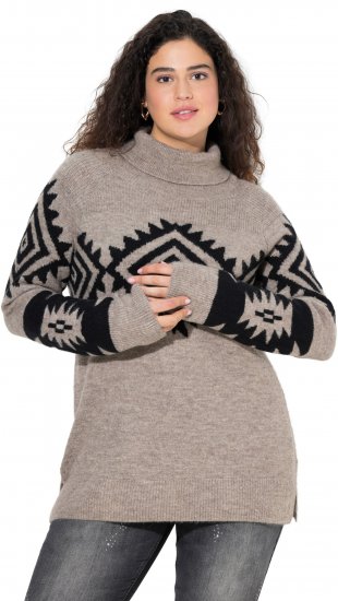 Ulla Popken Aztec Pattern Turtleneck Sweater Pebble Grey - Mikiny & mikiny bez kapucne - 