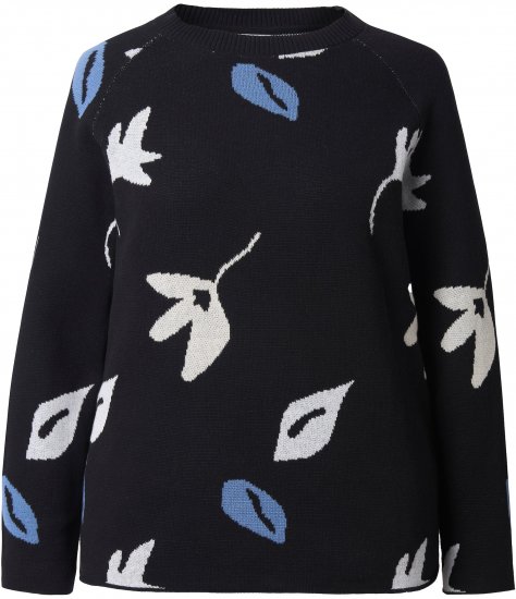 Ulla Popken Eco Cotton Leaf Pattern Long Sleeve Sweater Black - Mikiny & mikiny bez kapucne - 
