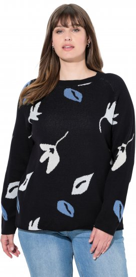 Ulla Popken Eco Cotton Leaf Pattern Long Sleeve Sweater Black - Mikiny & mikiny bez kapucne - 