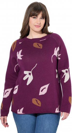 Ulla Popken Eco Cotton Leaf Pattern Long Sleeve Sweater Forest Berry - Mikiny & mikiny bez kapucne - 