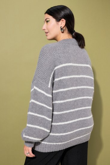 Ulla Popken Oversized Striped Balloon Sleeve Sweater Grey Melange - Mikiny & mikiny bez kapucne - 