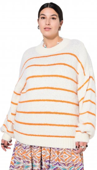 Ulla Popken Oversized Striped Balloon Sleeve Sweater Off-White - Mikiny & mikiny bez kapucne - 