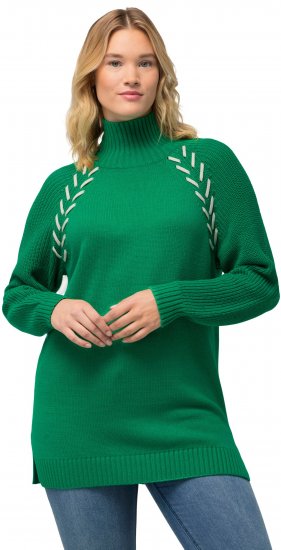 Ulla Popken Contrast Braid Turtleneck Sweater Emerald Green - Mikiny & mikiny bez kapucne - 