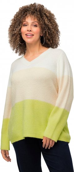 Ulla Popken Block Stripe Long Sleeve V-Neck Sweater Lime Green - Mikiny & mikiny bez kapucne - 