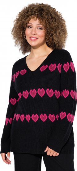 Ulla Popken Heart Print Long Sleeve V-Neck Sweater Black - Mikiny & mikiny bez kapucne - 