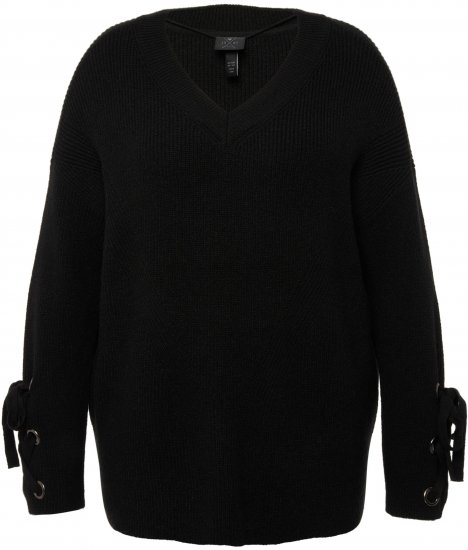 Ulla Popken Lace-Up Cuff Long Sleeve V-Neck Sweater Black - Mikiny & mikiny bez kapucne - 