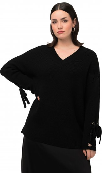 Ulla Popken Lace-Up Cuff Long Sleeve V-Neck Sweater Black - Mikiny & mikiny bez kapucne - 
