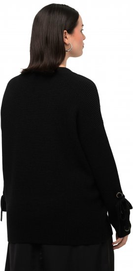 Ulla Popken Lace-Up Cuff Long Sleeve V-Neck Sweater Black - Mikiny & mikiny bez kapucne - 