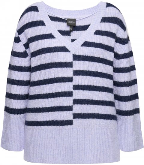 Ulla Popken Split Stripe Long Sleeve V-Neck Sweater Blue Grey - Mikiny & mikiny bez kapucne - 