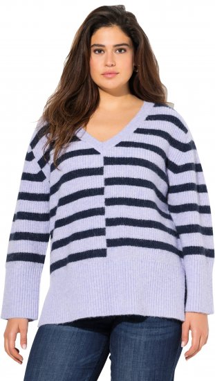 Ulla Popken Split Stripe Long Sleeve V-Neck Sweater Blue Grey - Mikiny & mikiny bez kapucne - 