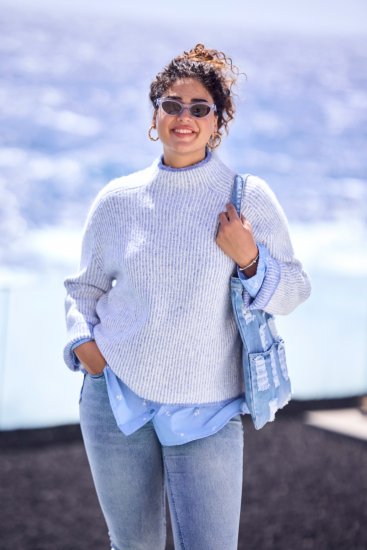 Ulla Popken Striped Wool Blend Turtleneck Sweater Sky Blue - Mikiny & mikiny bez kapucne - 