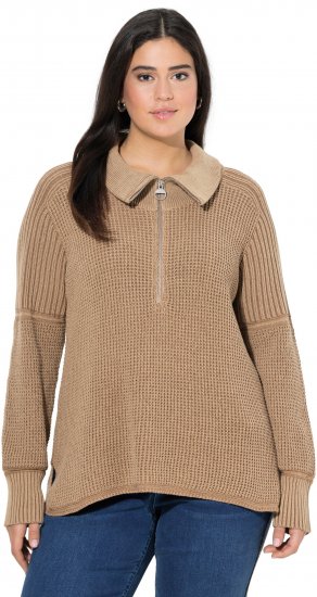 Ulla Popken Two-Tone Mixed Knit Troyer Collar Sweater Caramel - Mikiny & mikiny bez kapucne - 