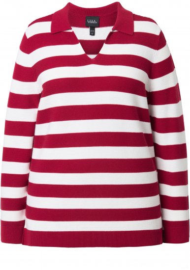 Ulla Popken Striped Polo Collar Long Sleeve Sweater Ruby Red - Mikiny & mikiny bez kapucne - 