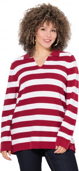 Ulla Popken Striped Polo Collar Long Sleeve Sweater Ruby Red - Mikiny & mikiny bez kapucne - 