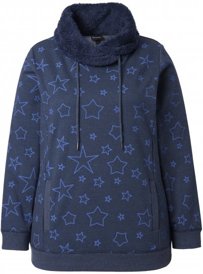 Ulla Popken Teddy Collar Printed Sweatshirt Navy - Mikiny & mikiny bez kapucne - 