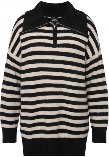 Ulla Popken Striped Troyer Collar Sweater Black - Mikiny & mikiny bez kapucne - 