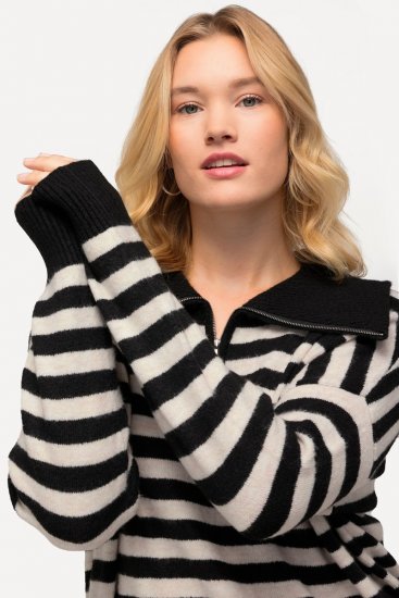 Ulla Popken Striped Troyer Collar Sweater Black - Mikiny & mikiny bez kapucne - Pohodlné mikiny, hoodie a pletené svetre