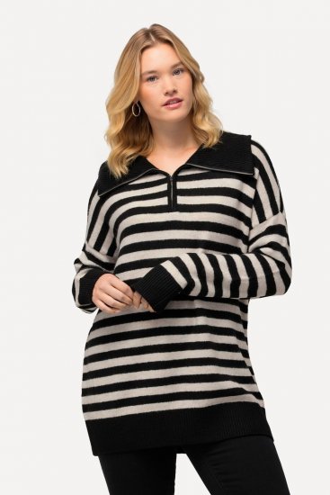 Ulla Popken Striped Troyer Collar Sweater Black - Mikiny & mikiny bez kapucne - Pohodlné mikiny, hoodie a pletené svetre