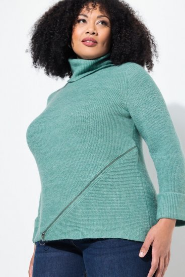 Ulla Popken Asymmetric Zipper Turtleneck Sweater Green - Mikiny & mikiny bez kapucne - Pohodlné mikiny, hoodie a pletené svetre