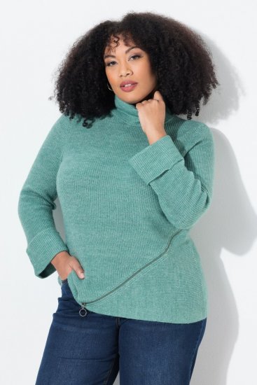 Ulla Popken Asymmetric Zipper Turtleneck Sweater Green - Mikiny & mikiny bez kapucne - Pohodlné mikiny, hoodie a pletené svetre