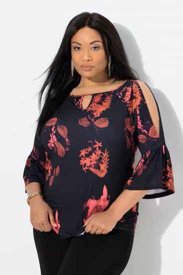 Ulla Popken Botanical Print Cold Shoulder Top Black - Tričká - 