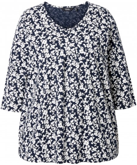 Ulla Popken Floral 3/4 Sleeve V-Neck A-Line Tee Navy - Tričká - 