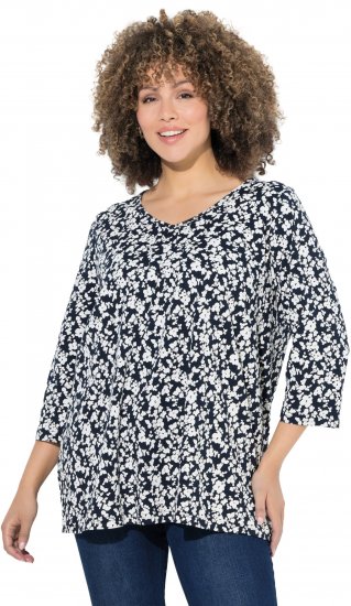 Ulla Popken Floral 3/4 Sleeve V-Neck A-Line Tee Navy - Tričká - 