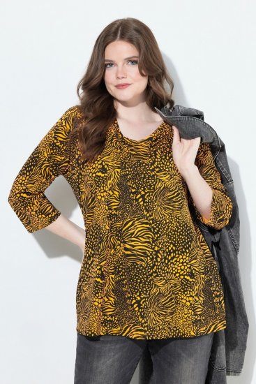 Ulla Popken Animal Print 3/4 Sleeve V-Neck Tee Neon Orange - Tričká - Dámske tričká