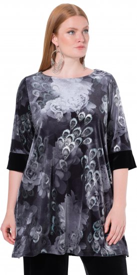 Ulla Popken Velvet Peacock Feather 3/4 Sleeve Tunic Blouse Black - Tričká - 