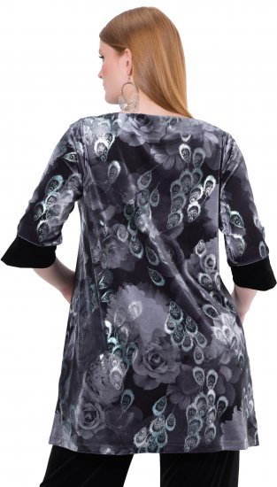 Ulla Popken Velvet Peacock Feather 3/4 Sleeve Tunic Blouse Black - Tričká - 