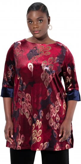 Ulla Popken Velvet Peacock Feather 3/4 Sleeve Tunic Blouse Wine Red - Tričká - 