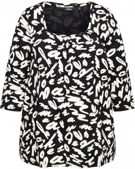 Ulla Popken Scribble Print Square Neck 3/4 Sleeve Tee Black - Potlačené tričká pre ženy - 