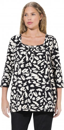 Ulla Popken Scribble Print Square Neck 3/4 Sleeve Tee Black - Potlačené tričká pre ženy - 
