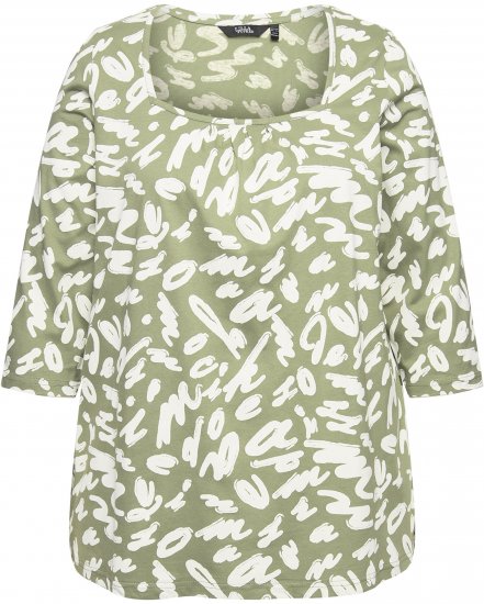 Ulla Popken Scribble Print Square Neck 3/4 Sleeve Tee Sage Green - Potlačené tričká pre ženy - 