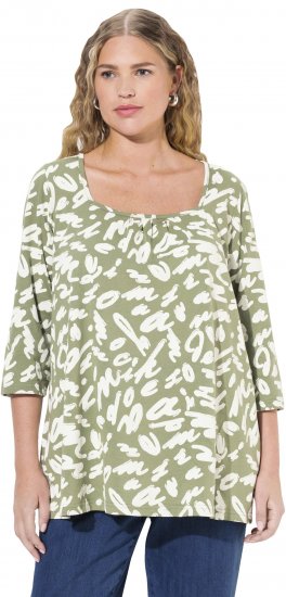 Ulla Popken Scribble Print Square Neck 3/4 Sleeve Tee Sage Green - Potlačené tričká pre ženy - 